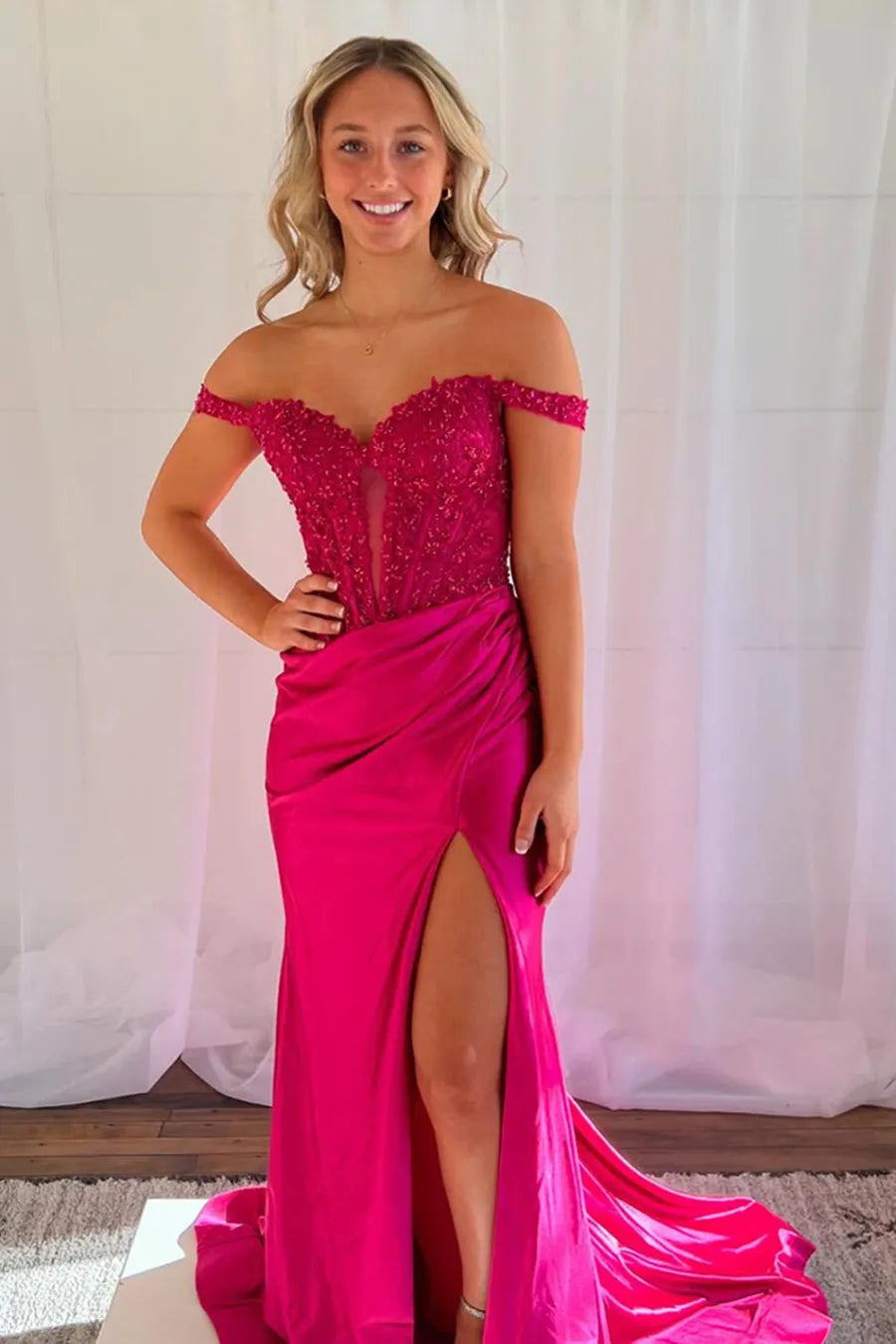 Pink Off-Shoulder Appliques Mermaid Prom Dress