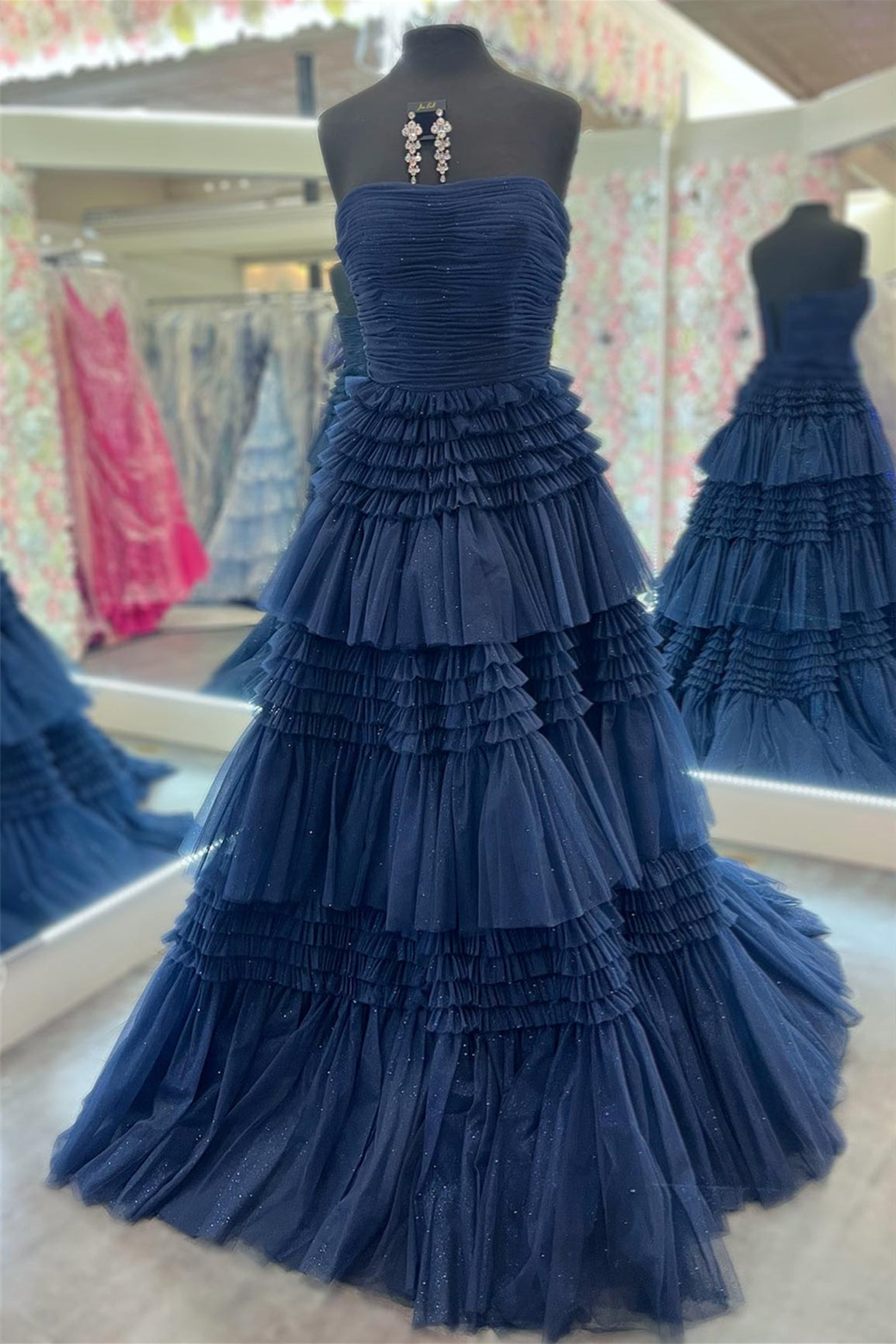 Dark Navy Strapless Layers A-line Tulle Long Prom Dress