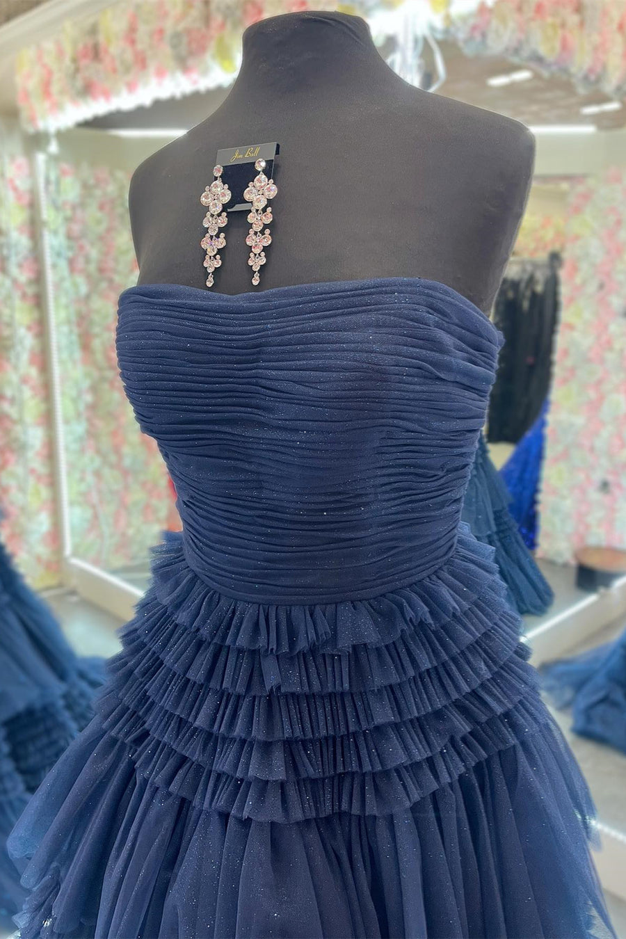 Dark Navy Strapless Layers A-line Tulle Long Prom Dress