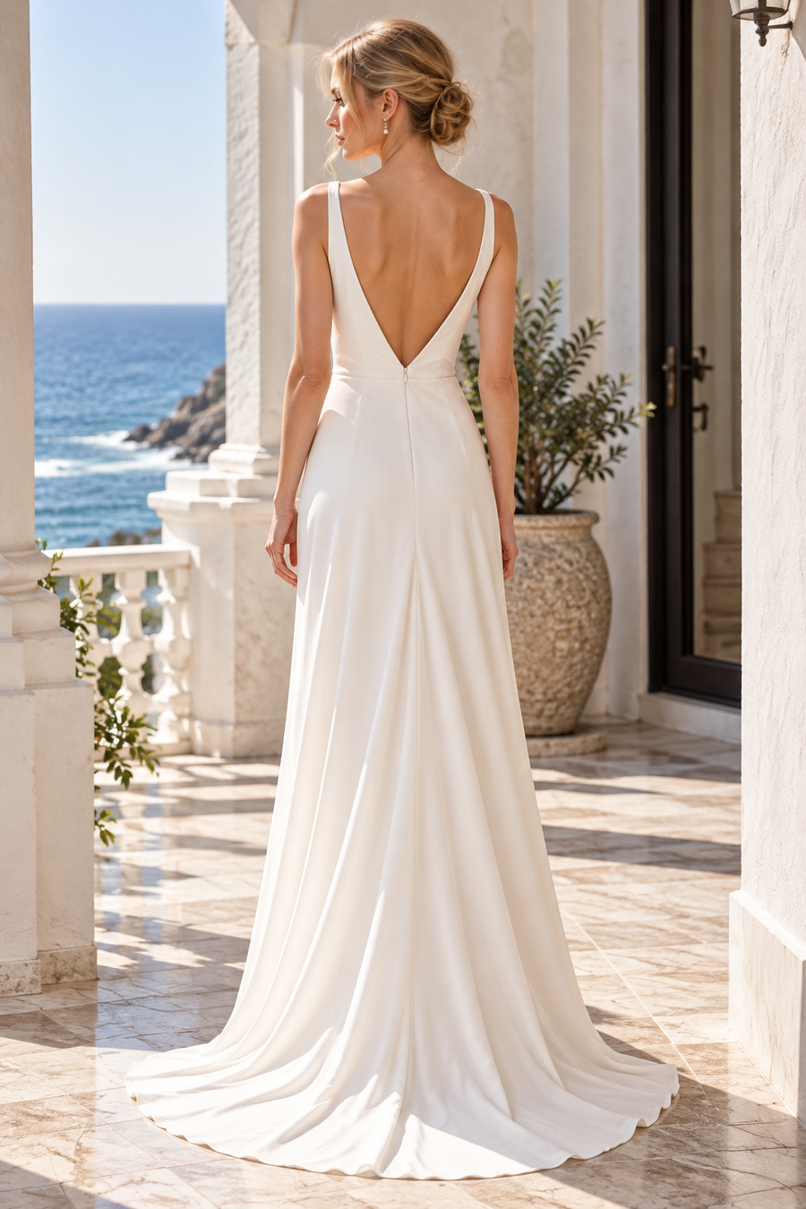 V-Neck Strapless V-Back Satin A-Line Ruffle Wedding Dress With Train