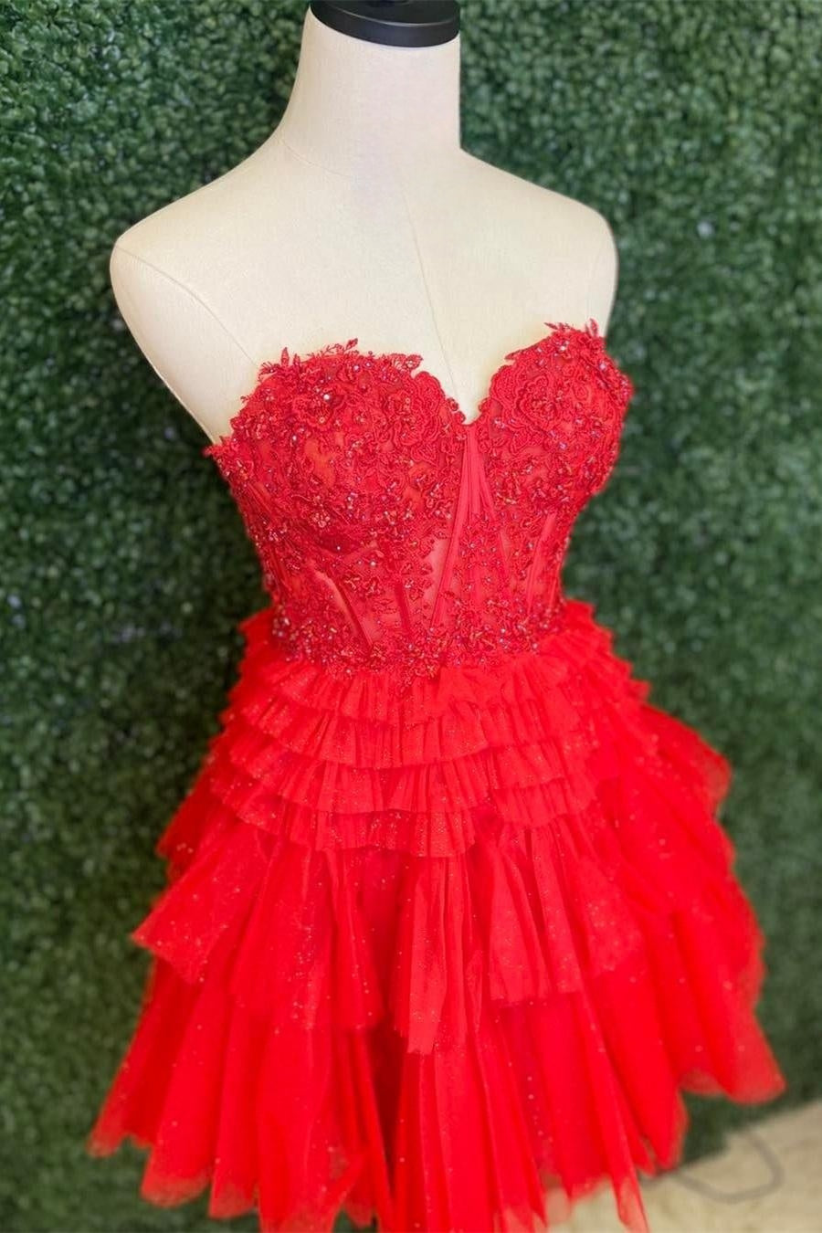 Red Strapless Appliques A-line Multi-Layers Homecoming Dress