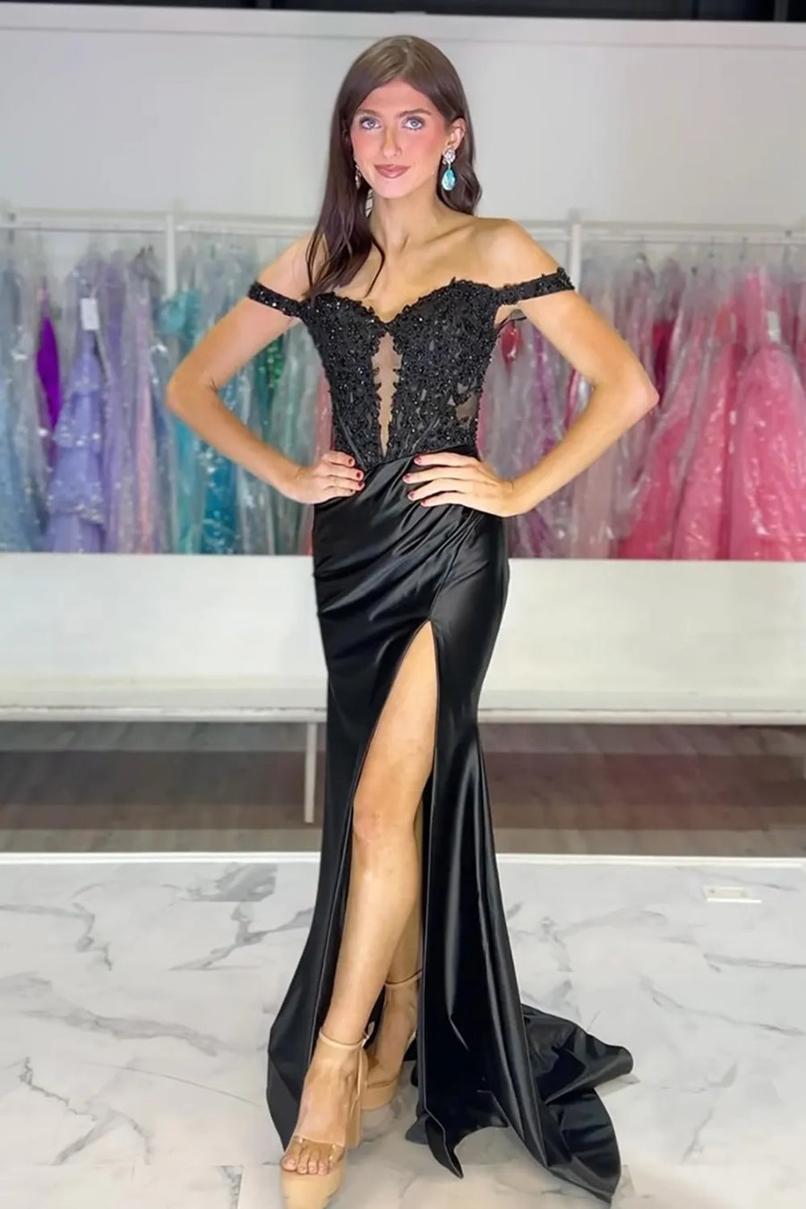 Pink Off-Shoulder Appliques Mermaid Prom Dress