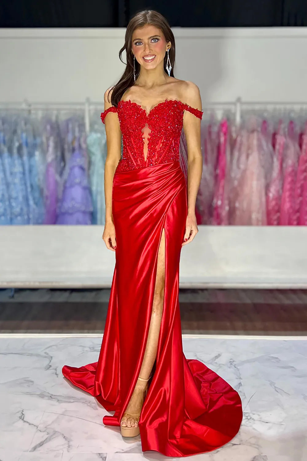 Pink Off-Shoulder Appliques Mermaid Prom Dress