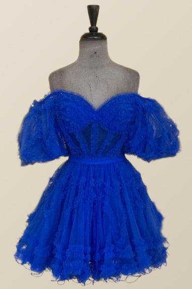 Royal Blue A-line Off-the-Shoulder Ruffled Puff Sleeves Homecoming Dress