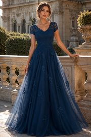 V-Neck Short Sleeveless Tulle A-Line Lace Applques Long Mother Of The Bride Dress 