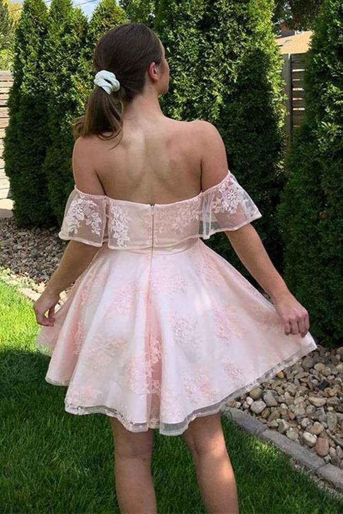 Off The Shoulder Pink Lace Short Prom Dresses Homecoming Dresses Pink / US 6 Off The Shoulder Pink Lace Short Prom Dresses Homecoming Dresses Pink / US 6