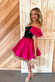 Fuchsia Off the Shoulder Black Mirror Glass A-line Princess Dress