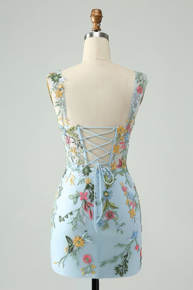 Blue Flower Bodycon Spaghetti Straps Embroidered Short Homecoming Dress Blue / US 12 Blue Flower Bodycon Spaghetti Straps Embroidered Short Homecoming Dress Blue / US 12
