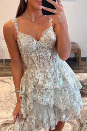 Sexy A-Line Glitter Sweetheart Spaghetti Straps Tiered Sequined Homecoming Dress