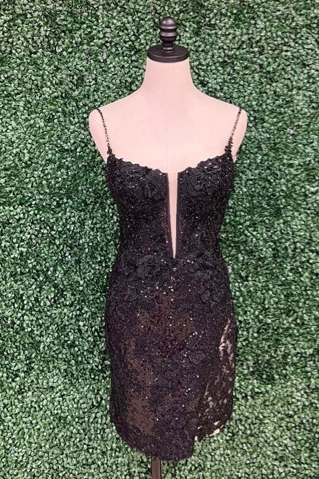 Black Straps Sequined Sheath Appliques Homecoming Dress