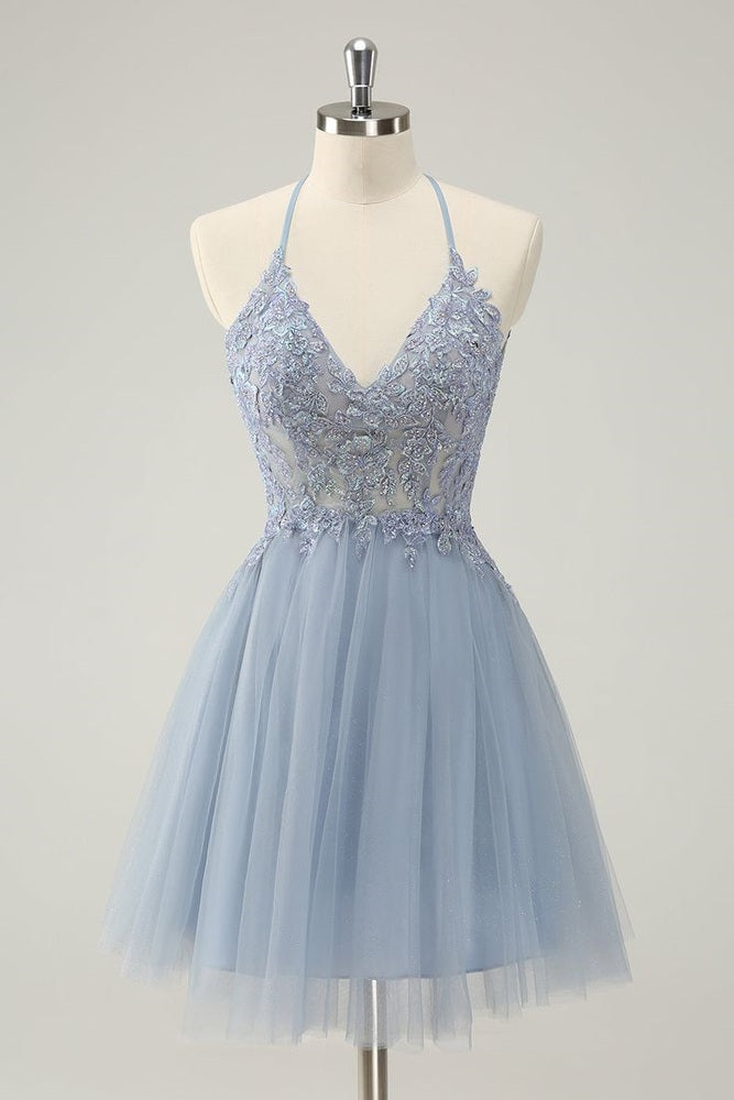 Sparkly Dusty Blue A Line Halter Homecoming Dress with Appliques