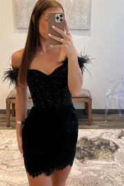 Black Off-the-Shoulder Sweetheart Sheath Homecoming Dress with Feathers