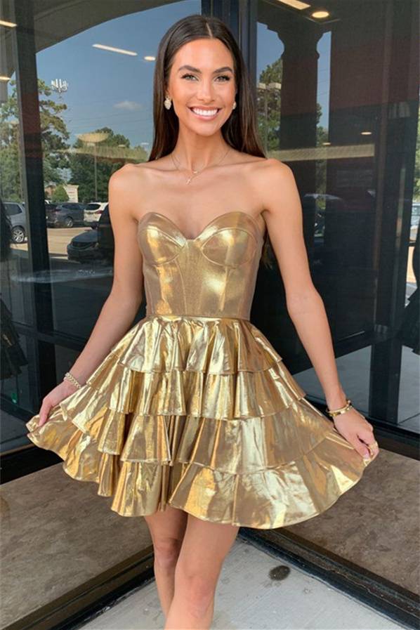 Metallic Gold Corset A-Line Layered Short Homecoming Dress Pink / US 2 Metallic Gold Corset A-Line Layered Short Homecoming Dress Pink / US 2