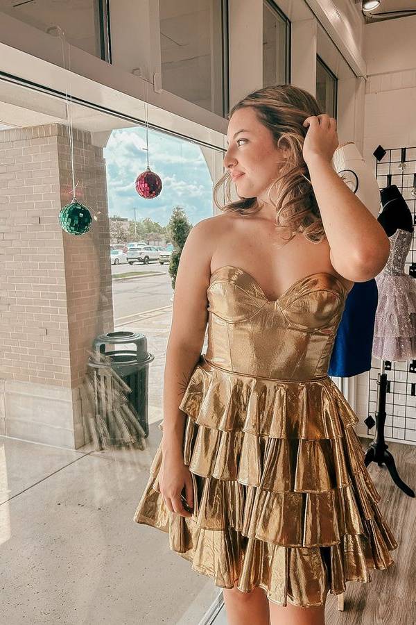 Metallic Gold Corset A-Line Layered Short Homecoming Dress