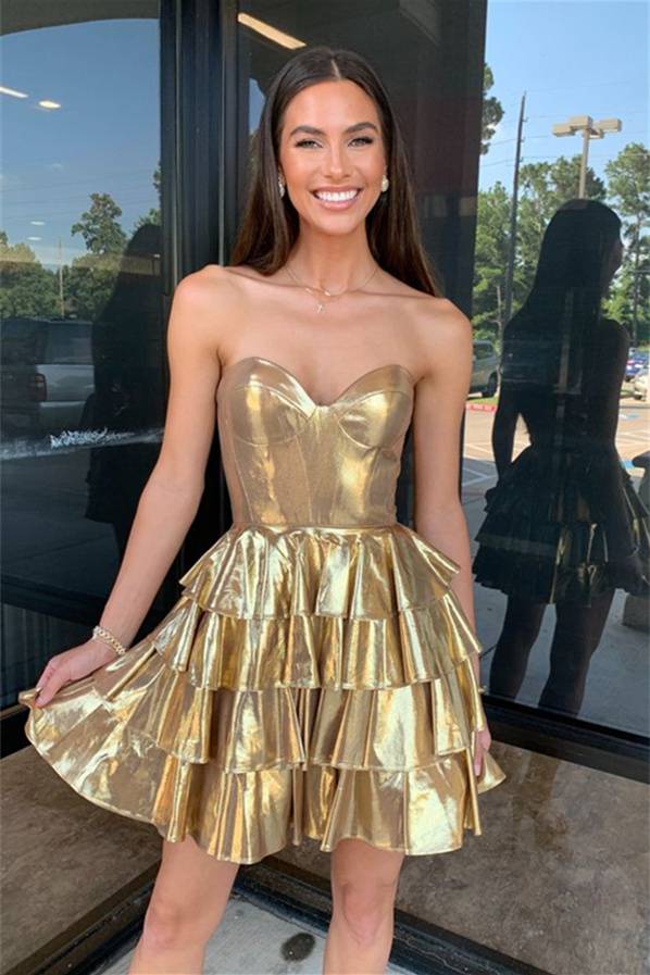 Sweetheart Gold Metallic A-Line Ruffle Homecoming Dress Gold / 2