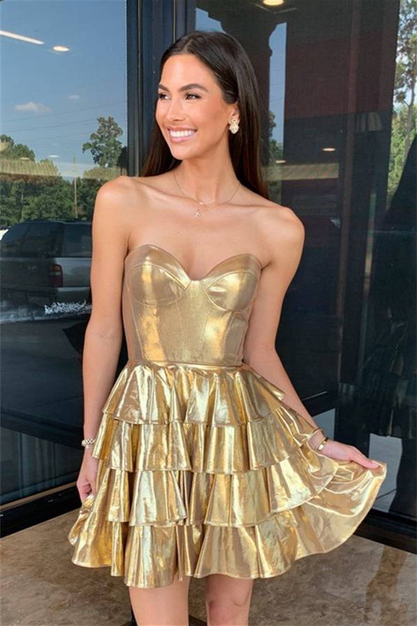 Metallic Gold Corset A-Line Layered Short Homecoming Dress Pink / US 2