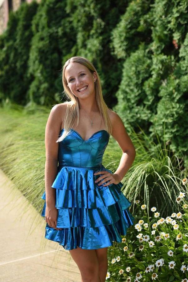 knee length dresses for ladies Metallic Gold Corset A-Line Layered Short Homecoming Dress Blue / US 12
