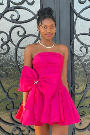 Cute A-Line Strapless Satin Short Homecoming Dresses with Bownot Red / US 10