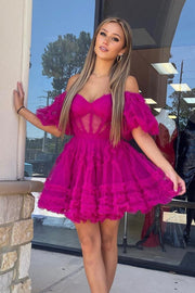 Pink A-line Off-the-shoulder Tulle Ruffle Homecoming Dress