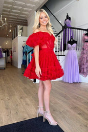 Pink A-line Off-the-shoulder Tulle Ruffle Homecoming Dress