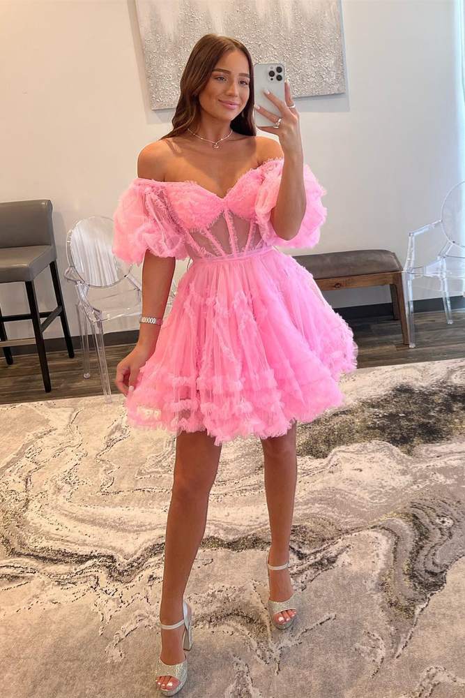 Pink A-line Off-the-shoulder Tulle Ruffle Homecoming Dress