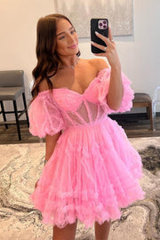 Pink A-line Off-the-shoulder Tulle Ruffle Homecoming Dress