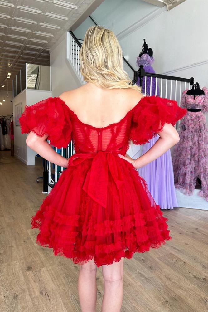 Pink A-line Off-the-shoulder Tulle Ruffle Homecoming Dress