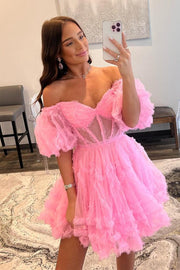 Pink A-line Off-the-shoulder Tulle Ruffle Homecoming Dress