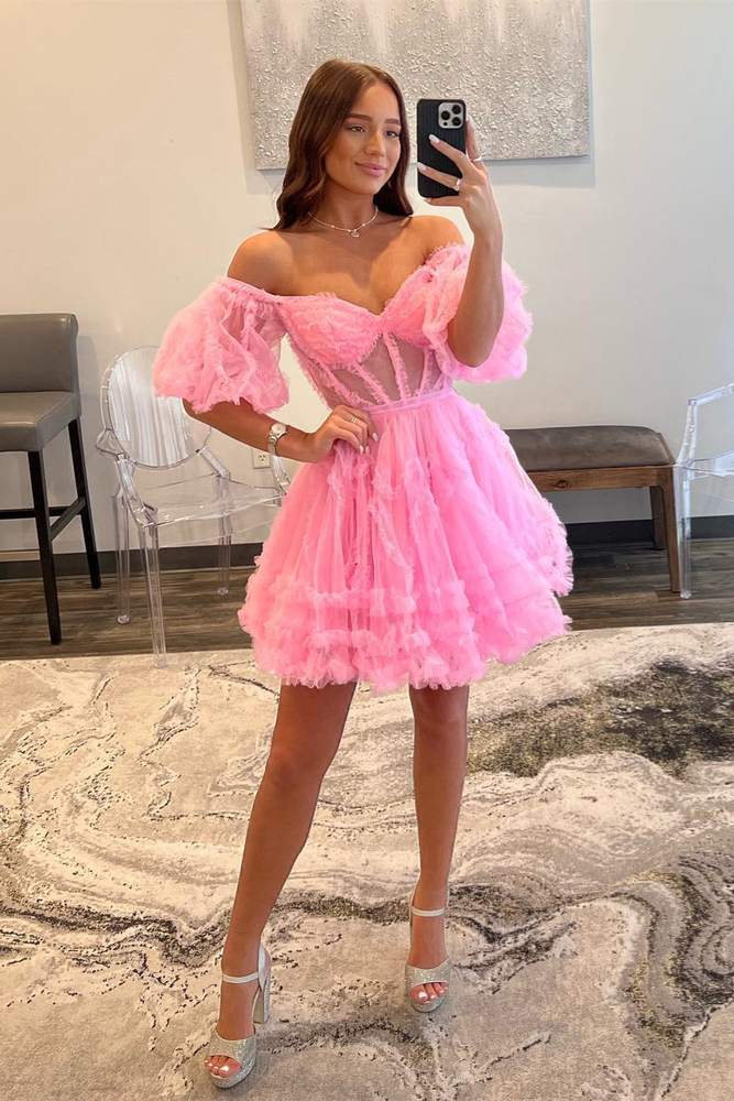 pink ruffle homecoming dress Pink Strapless Ruffed-Layers Homecoming Dress with Sash