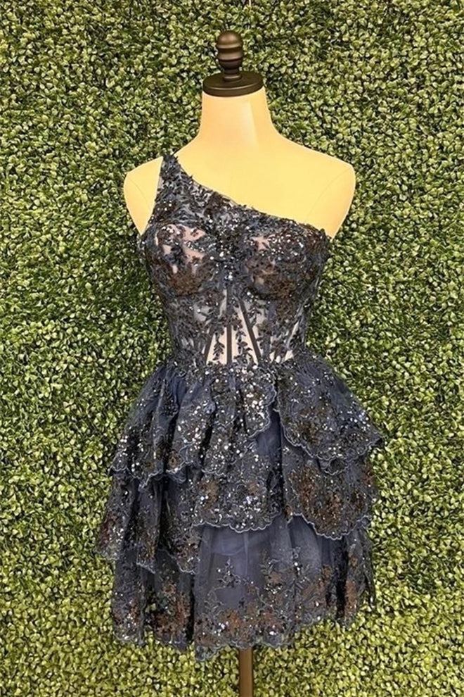 Black One Shoulder A-line Sequined Appliques Multi-Layers Homecoming D | Joyofdress Black One Shoulder A-line Sequined Appliques Multi-Layers Homecoming D | Joyofdress