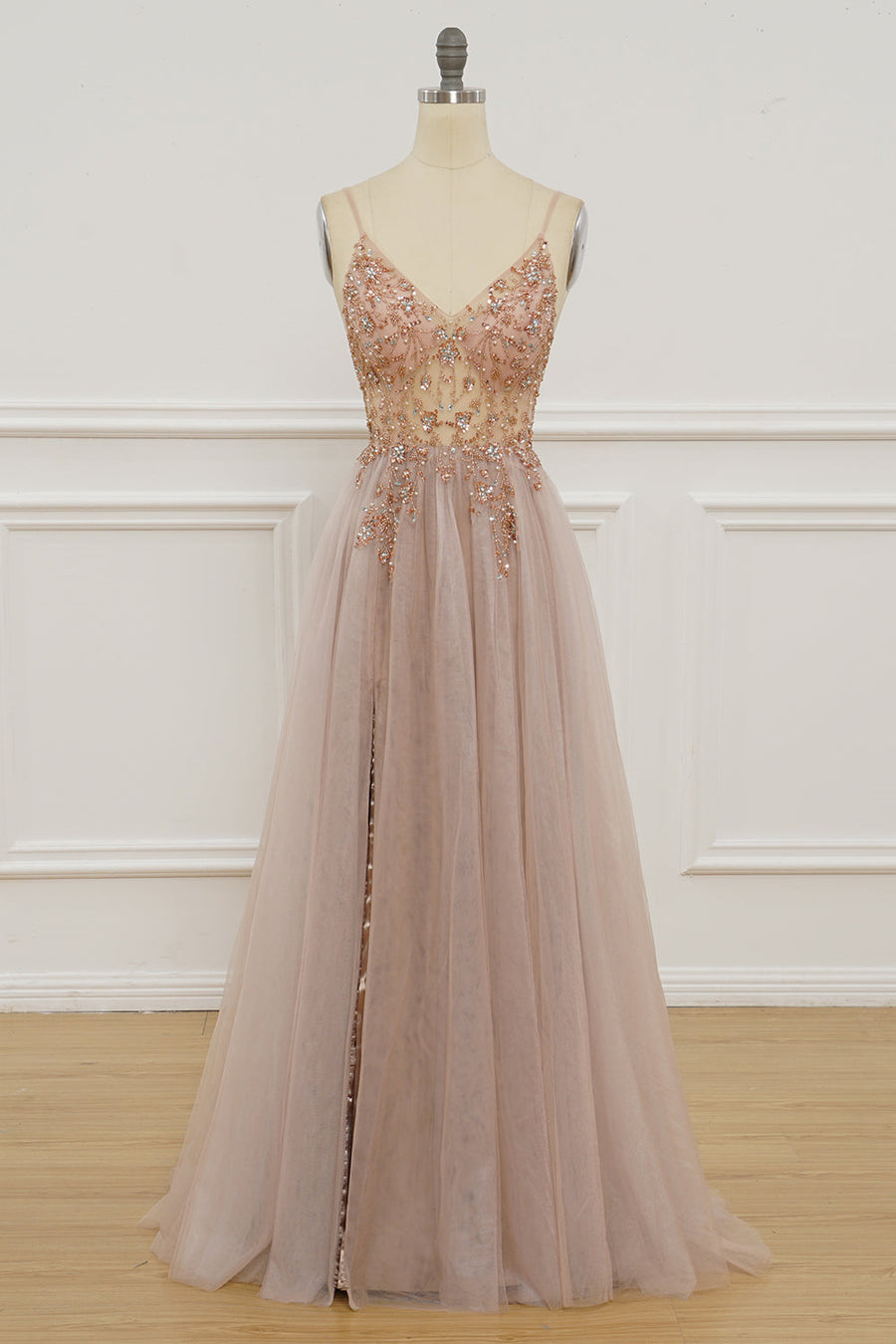 Blush Pink Deep V Neck Beading-Embroidered Long Prom Dress with Slit | Joyofdress Blush Pink Deep V Neck Beading-Embroidered Long Prom Dress with Slit | Joyofdress