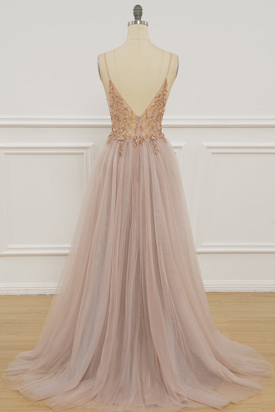 Blush Pink Deep V Neck Beading-Embroidered Long Prom Dress with Slit