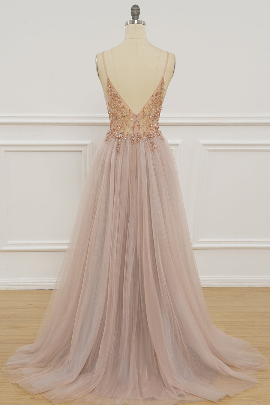 Blush Pink Deep V Neck Beading-Embroidered Long Prom Dress with Slit | Joyofdress Blush Pink Deep V Neck Beading-Embroidered Long Prom Dress with Slit | Joyofdress