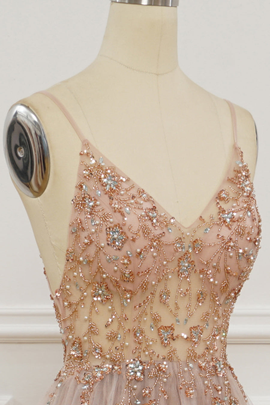 Blush Pink Deep V Neck Beading-Embroidered Long Prom Dress with Slit | Joyofdress Blush Pink Deep V Neck Beading-Embroidered Long Prom Dress with Slit | Joyofdress