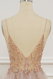 Blush Pink Deep V Neck Beading-Embroidered Long Prom Dress with Slit