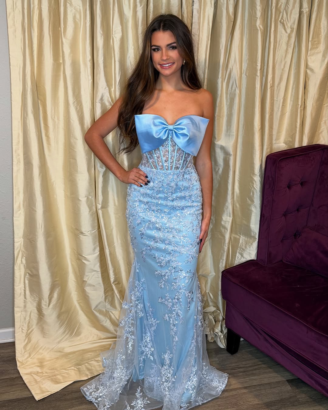 Bow Strapless Lace Empire Mermaid Prom Dress