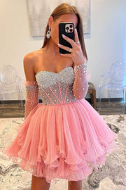 Hot Pink A-Line Ruffled Strapless Corset Sequins  Homecoming Dress