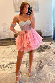 Hot Pink A-Line Ruffled Strapless Corset Sequins  Homecoming Dress