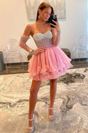 Hot Pink A-Line Ruffled Strapless Corset Sequins  Homecoming Dress