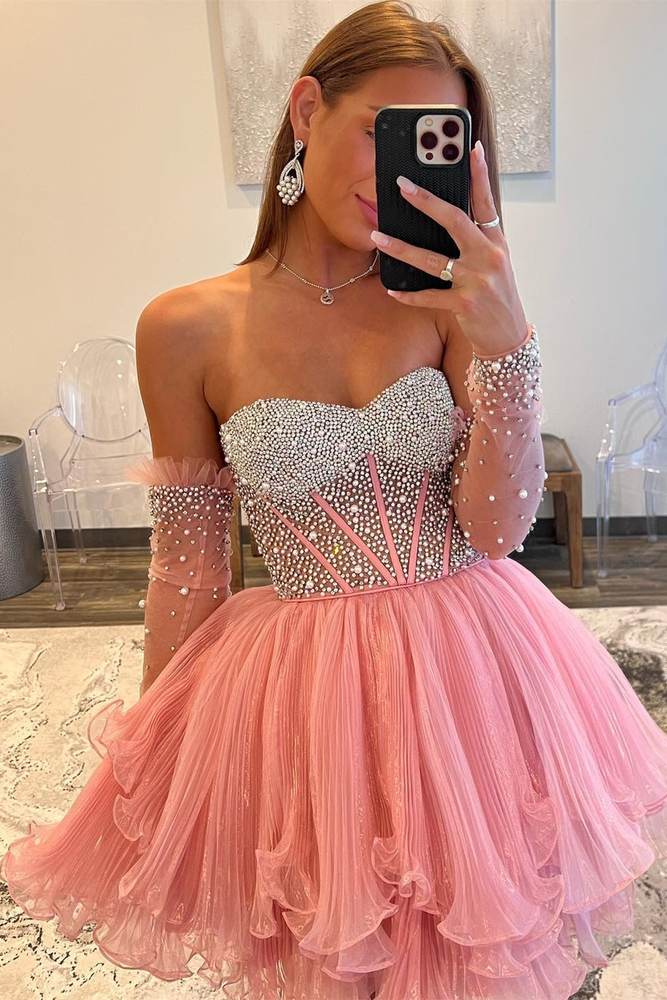 Hot Pink A-Line Ruffled Strapless Corset Sequins  Homecoming Dress