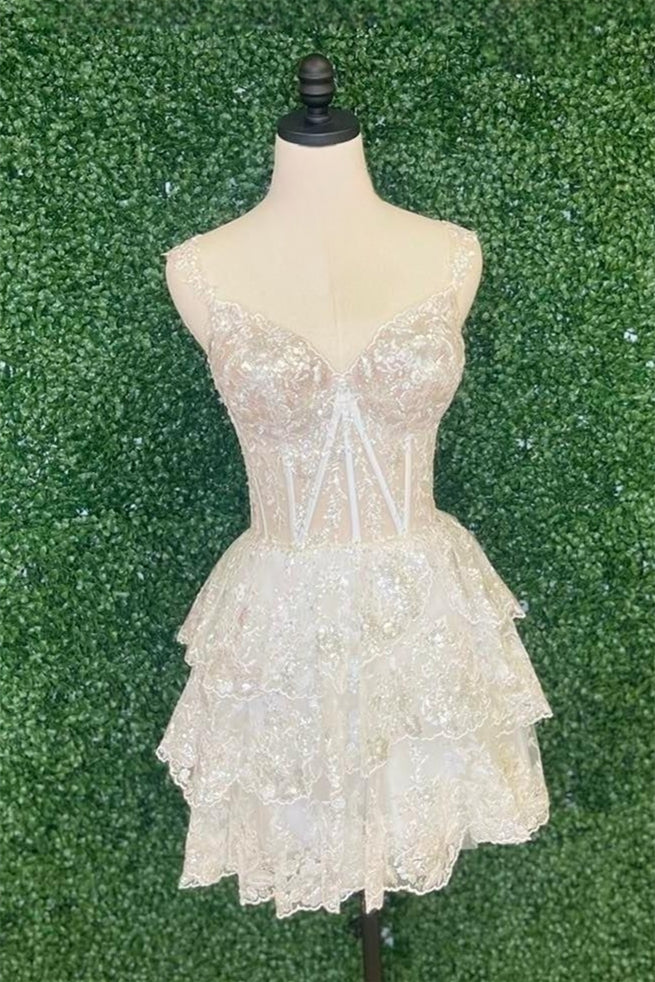White Off-the-Shoulder Appliques Multi-Layers Homecoming Dress