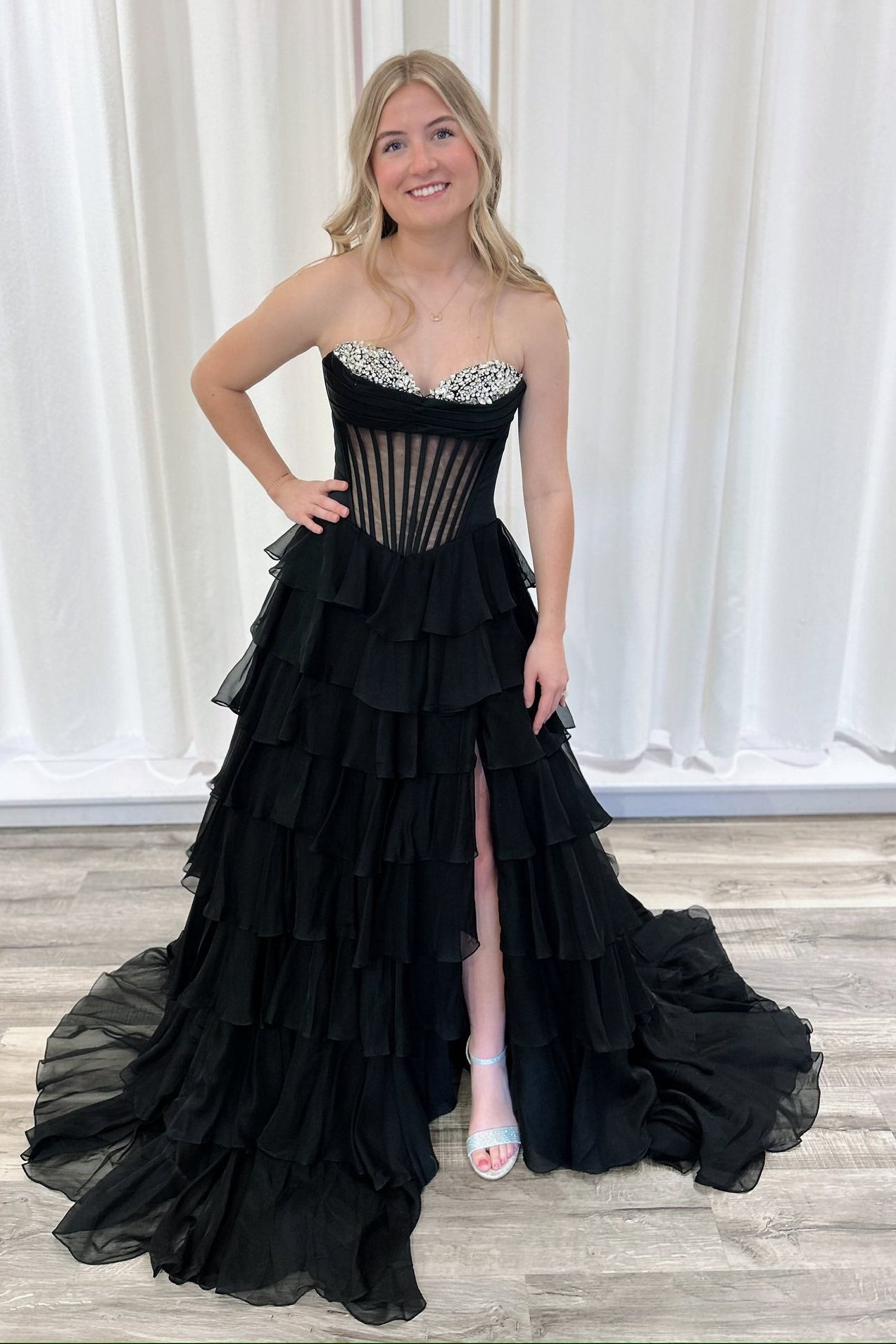 Beaded Sweetheart Strapless Chiffon A-Line Empire Tiered Party Prom Dress