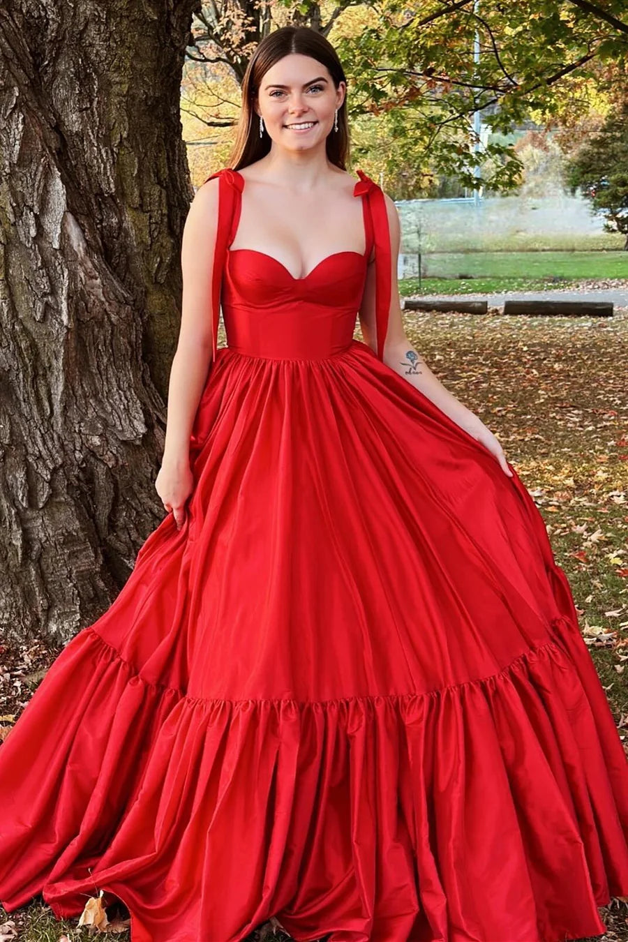 Red Bow Tie Straps A-line Satin Long Prom Dress Custom Color / US 6 Red Bow Tie Straps A-line Satin Long Prom Dress Custom Color / US 6