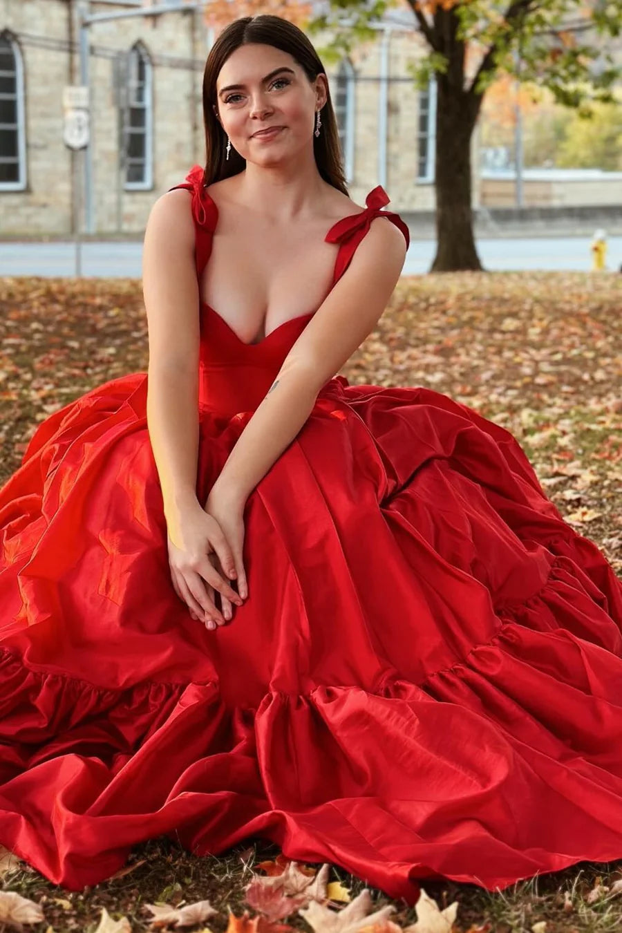 Red Bow Tie Straps A-Line Satin Long Prom Dress Red / US 6 Red Bow Tie Straps A-Line Satin Long Prom Dress Red / US 6