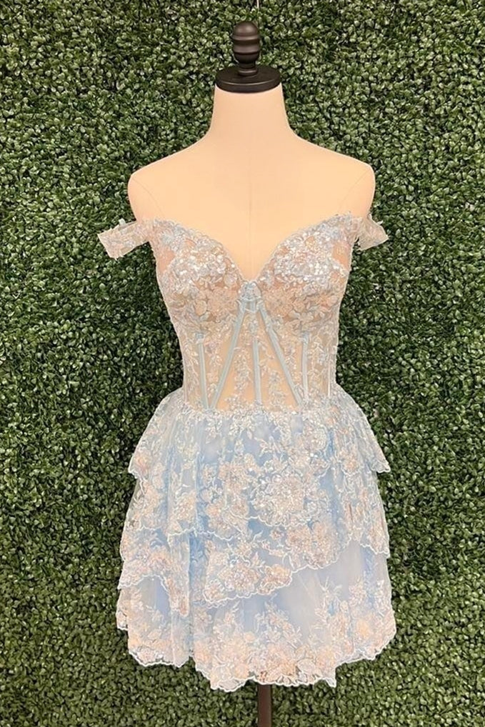 Light Blue Off-the-Shoulder Appliques Multi-Layers Homecoming Dress