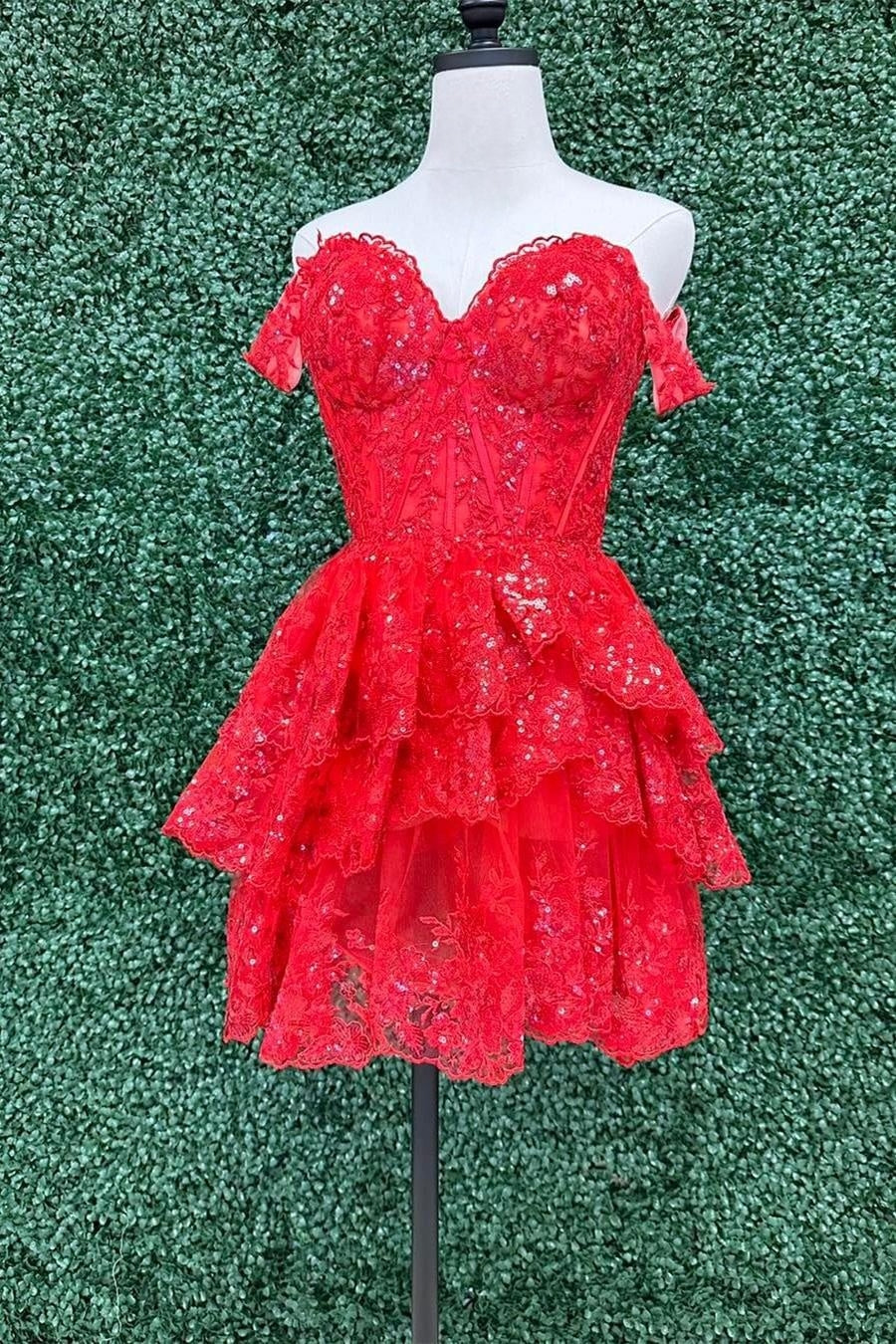 Red Off-the-Shoulder Appliques Multi-Layers Homecoming Dress