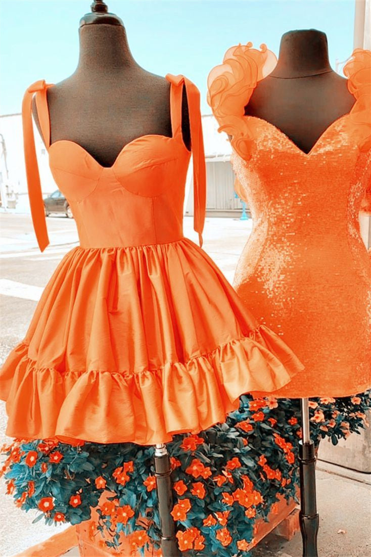 Rose Pink A-line Bow Tie Straps Ruffled Satin Homecoming Dress