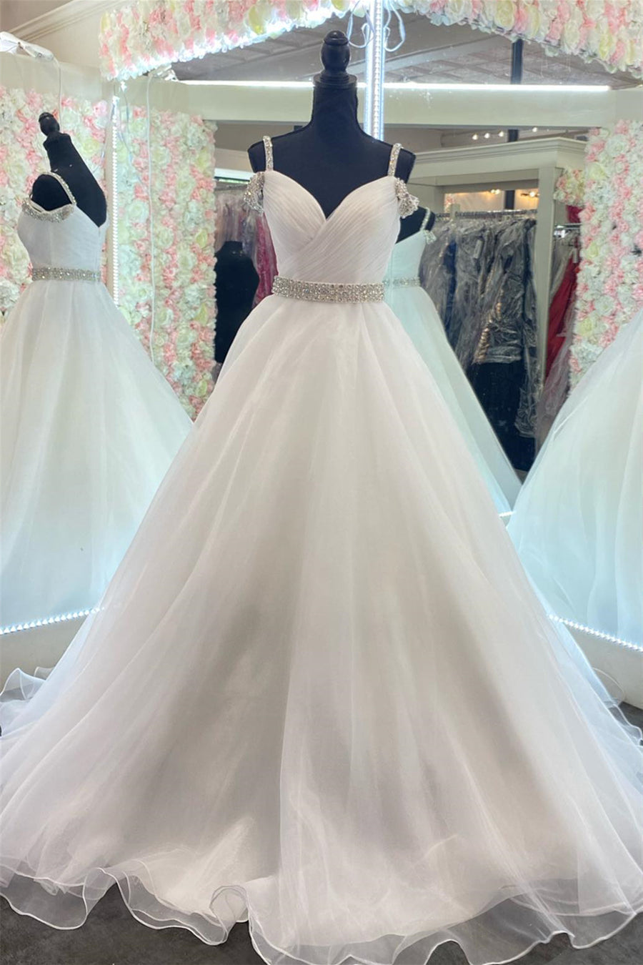White Off-the-Shoulder Beaded A-line Tulle Long Prom Dress | Joyofdress White Off-the-Shoulder Beaded A-line Tulle Long Prom Dress | Joyofdress