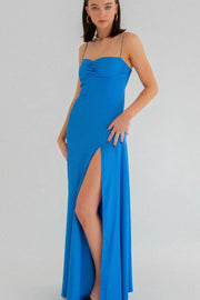 Spaghetti Straps Satin A-Line Party Prom Dress With Slit
