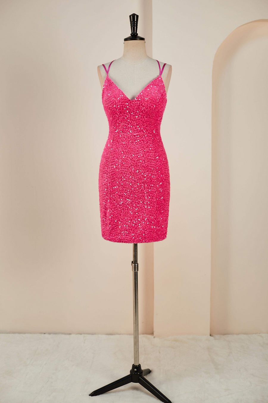 Hot Pink Sequins Sheath Deep V Neck Lace-Up Homecoming Dress